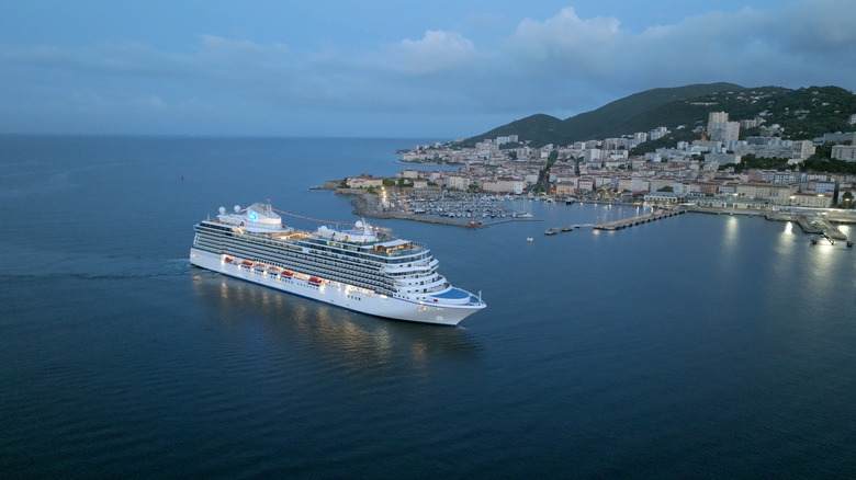 Aerial view of the Oceania Vista, just outside of Corsica, France, at dawn
