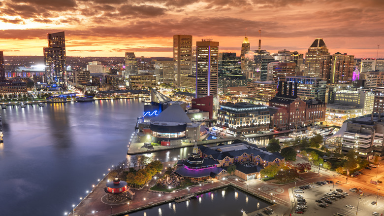 Downtown cityscape and marina on the Inner Harbor of Baltimore
