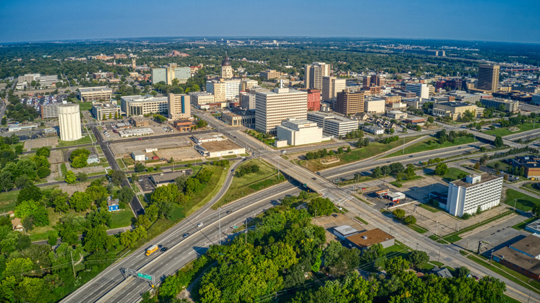 Aerial view of highways crisscrossing Topeka, Kansas, on a sunny day