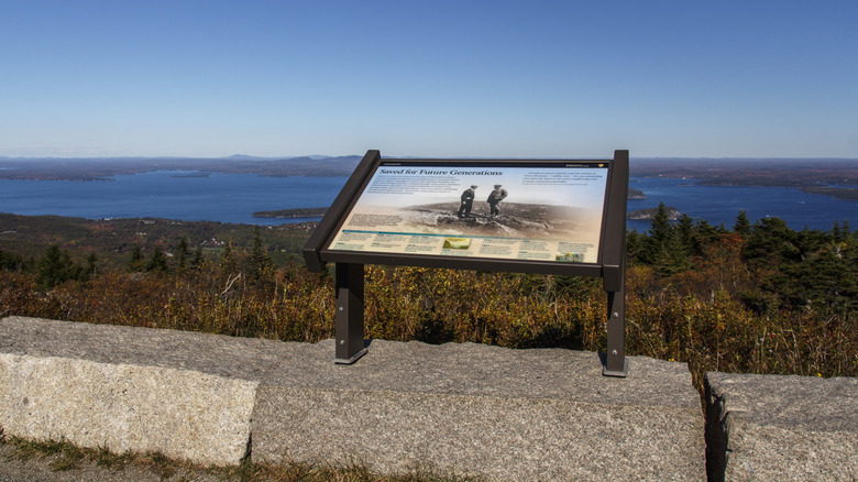 An informative plaque atop Cadillac Mountain in Acadia National Park