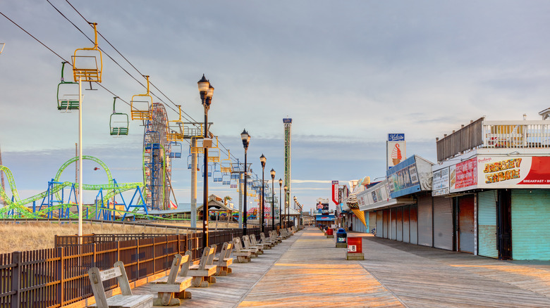 Boardwalk with shops and amusement park at Seaside Heights