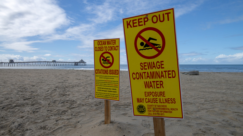 Signs on Imperial Beach warn visitors to keep out of the water