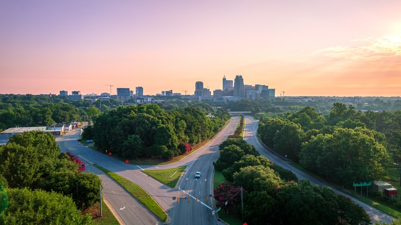 Several highways curve their way into Raleigh, North Carolina, at dawn