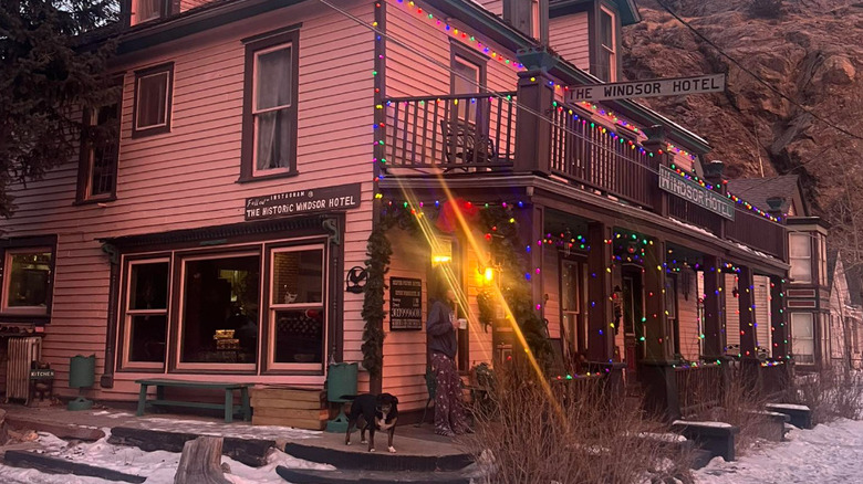 Pink hotel building with colored lights