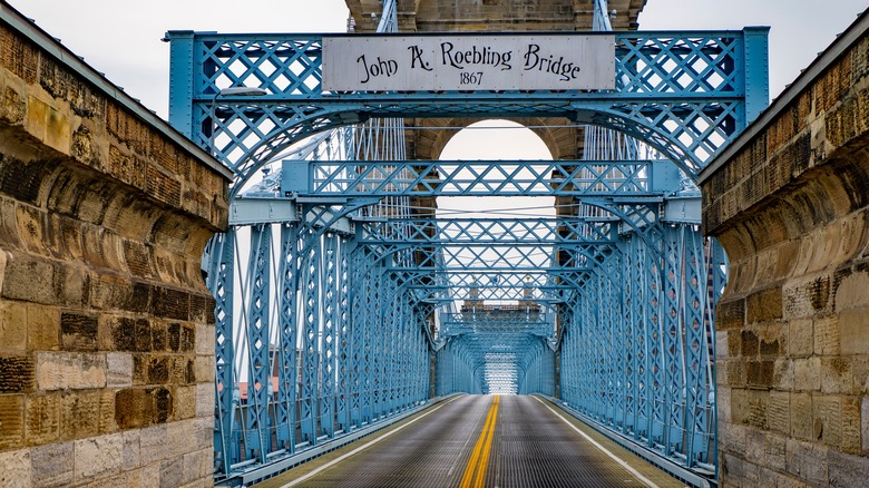 The John A. Roebling Suspension Bridge seen from the road