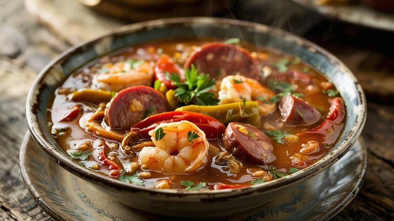 Silver plate of gumbo on a wooden table