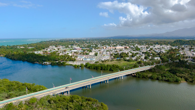 Bridge crossing Boca de Cangrejos and dense green mangroves into Loíza, Puerto Rico