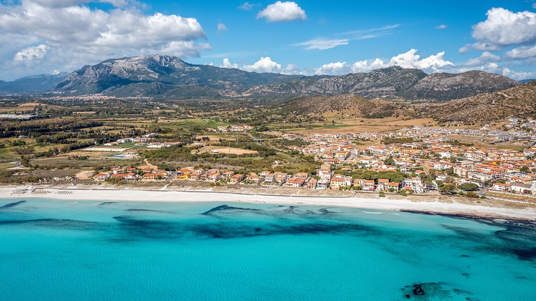 Aerial view of La Caletta beach with mountains in backdrop