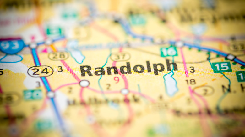 Close up of Randolph, Massachusetts on a map with select focus on the name Randolph.