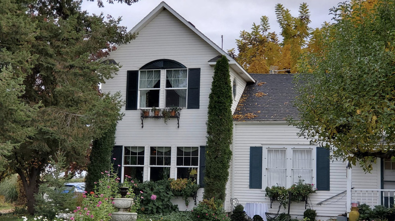 A two-story white farmhouse with dark green shutters and window boxes.