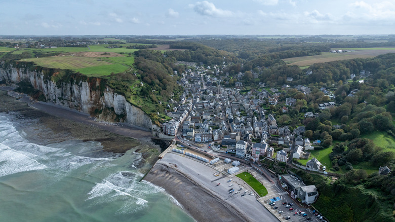Aerial view of Yport, France, on the northern coast with white chalk cliffs