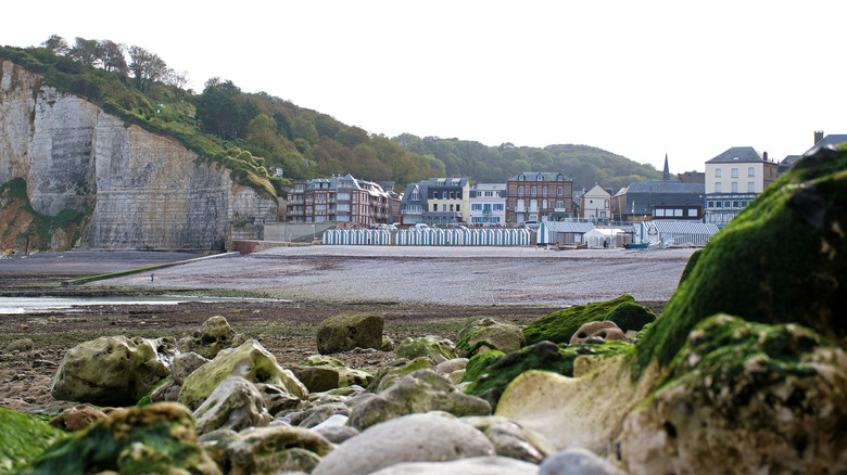 View of Yport, France and its beach with nearby cliffs, at low tide