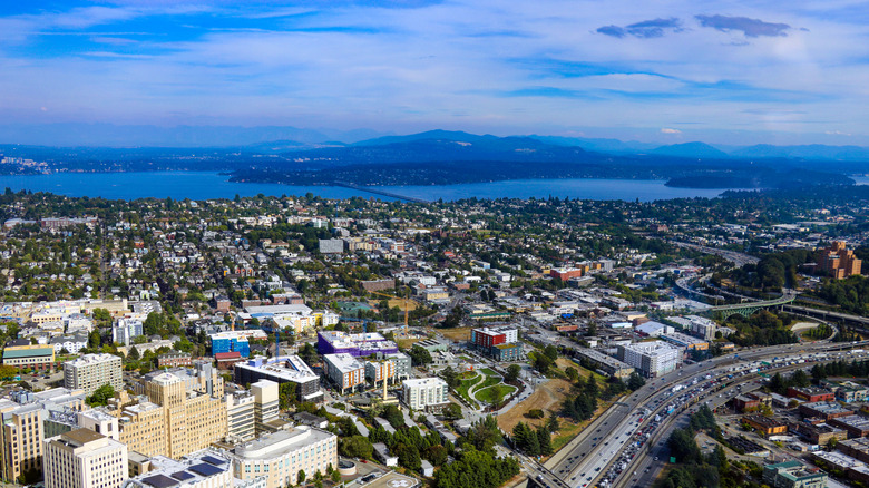 Aerial view of Seattle, Washington with buildings and water