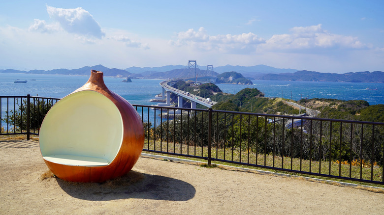 The Uzu-no-oka Onaruto Bridge Memorial Museum's giant onion and ocean overlook in Japan