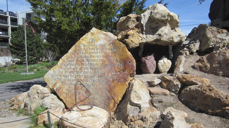 A stone engraving at the Gilgal Sculpture Garden in Utah