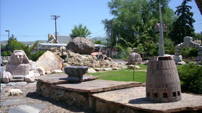 Sphinx and other sculptures at the Gilgal Sculpture Garden in Utah
