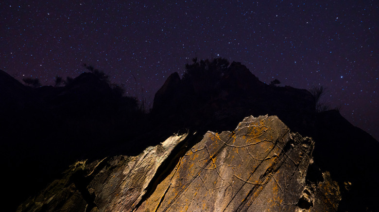 Open-air rock carvings in Portugal's Coa Valley at night