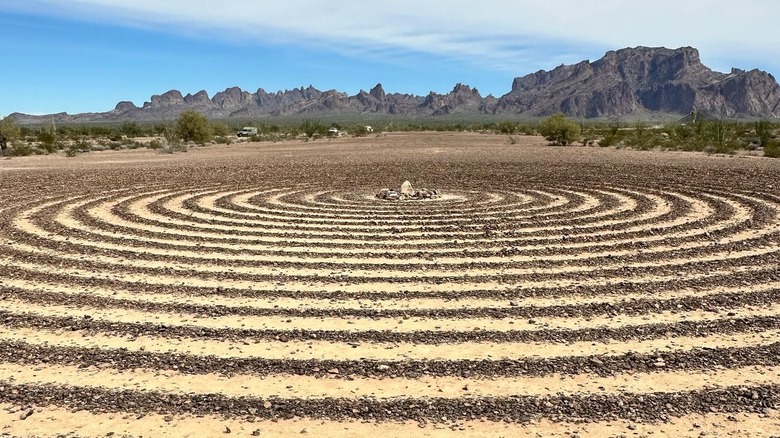 a dirt labyrinth in the desert near Palm Canyon