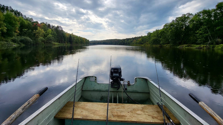 A boat and fishing rods on the Flambeau River in Flambeau River State Forest.