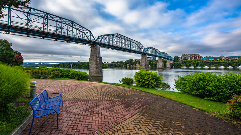 View across the Tennessee River and Walnut Street Bridge from Coolidge Park, Chattanooga