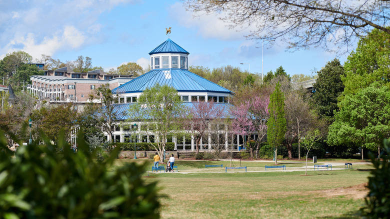 View of the carousel pavilion and lawns at Coolidge Park in Chattanooga