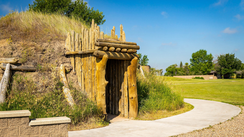 The exterior of reconstructed earthlodges at Knife River Indian Villages National Historic Site, in North Dakota