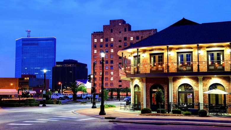Lake Charles, Louisiana, streetscape lit up at night