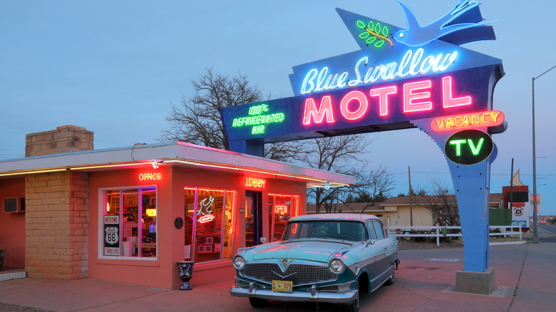 Blue Swallow Motel at sunset in Tucumcari, NM