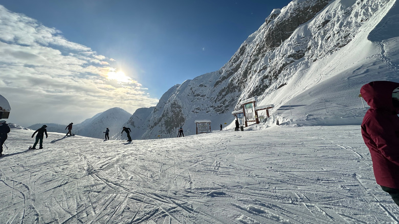 Skiers on the slopes around Fernie on a sunny day