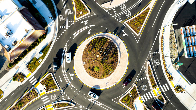 Aerial view of roundabout in Rocklin, California's downtown Quarry District