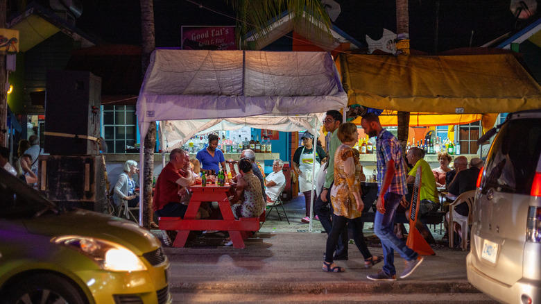 View of food stalls along Oistins Main Road