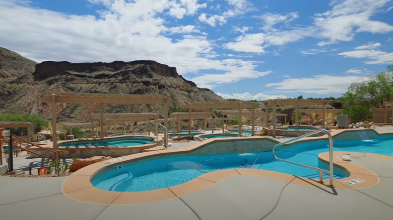 Pool areas and desert background at Zion Canyon Hot Springs