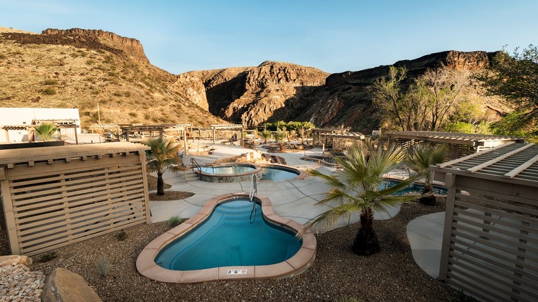 Pool areas and desert background at Zion Canyon Hot Springs
