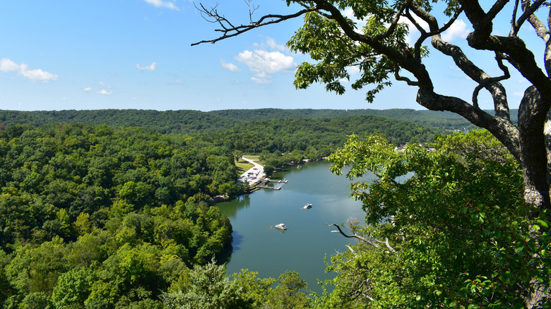 Views of a cove along Lake of the Ozarks in Missouri from an overlook, surrounded by lush rolling hills.