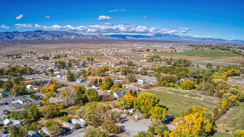 Buildings line the streets of Alamo, Nevada, in this aerial view