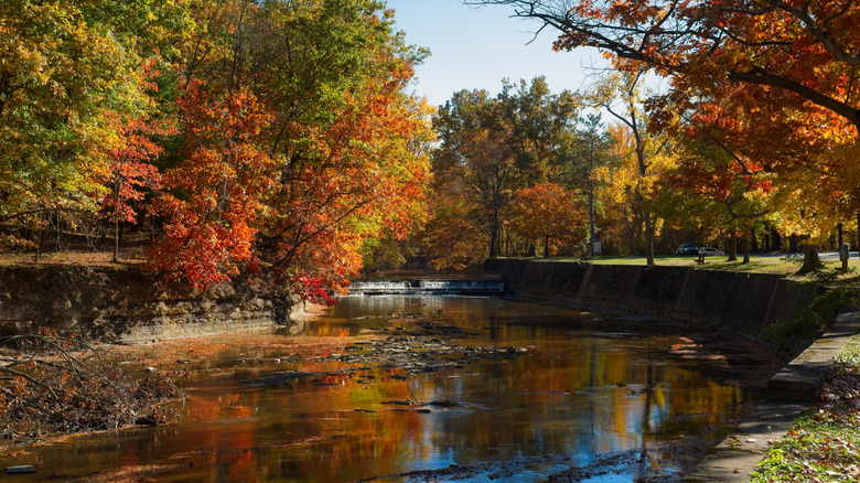 The Rocky River flows past colorful autumn trees near Cleveland, Ohio