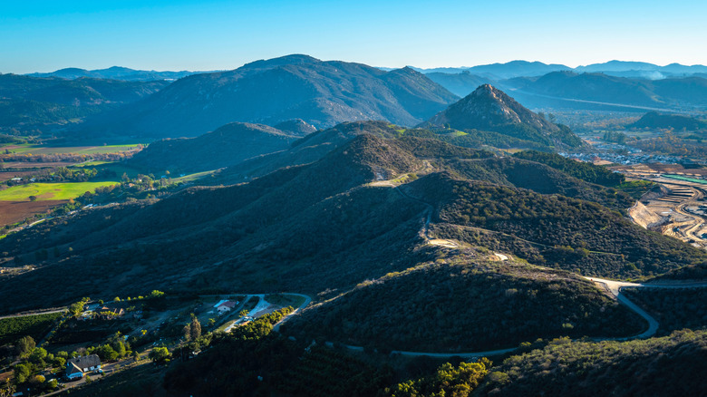 Aerial view of green hills near Fallbrook, California