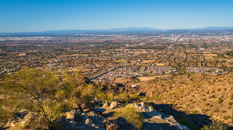 Phoenix, view of the valley, city skyline from Dobbins Lookout in South Mountain and Preserve Public Park in Phoenix, Arizona