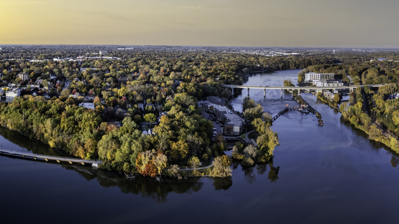 An aerial view of a town and river