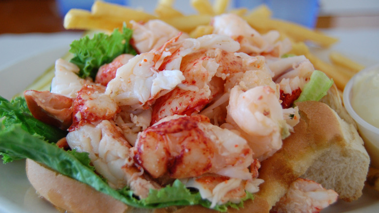 Lobster roll on a hot dog bun with French fries