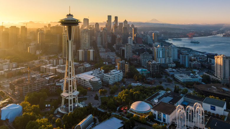 Downtown Seattle, Washington, as the sun sets behind the Space Needle
