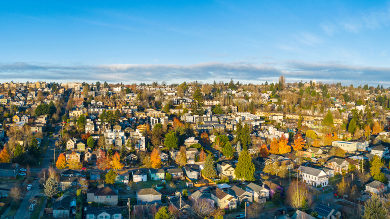 Aerial view of a suburban neighborhood, with quaint houses surrounded by fall foliage, Clyde Hill, WA