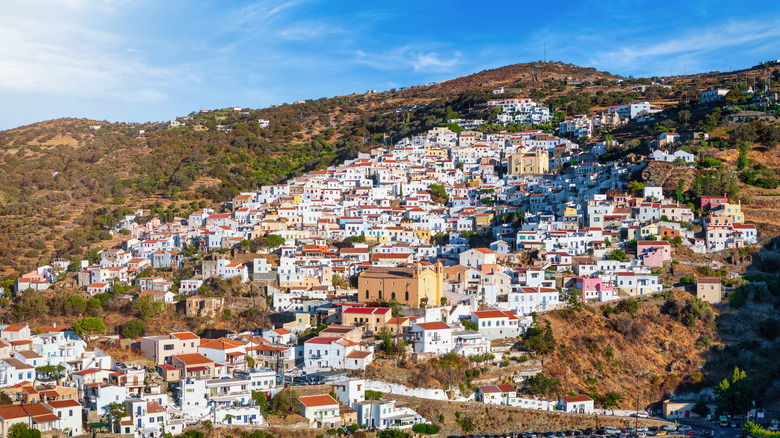 A hilltop village of whitewashed buildings on Kea, Greece