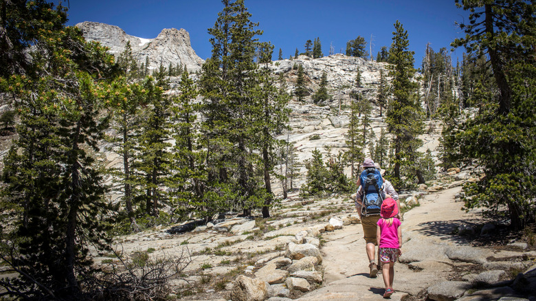 A family hiking to May Lake in Yosemite National Park