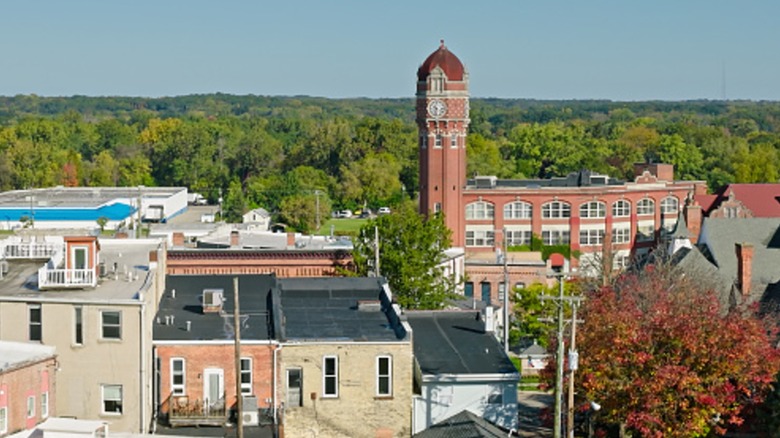 Old buildings and clock tower in Chelsea, Michigan.