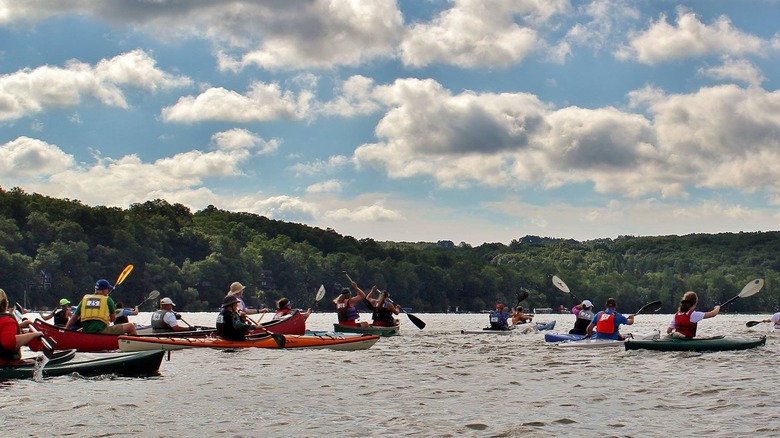 Group of people kayaking on Keuka Lake in Branchport, New York during the day with trees lining the water in the background.