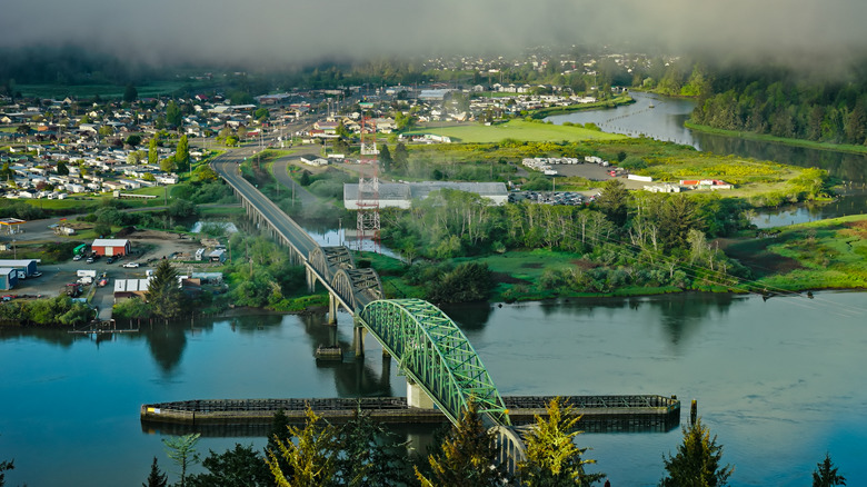 Aerial view of buildings and a bridge in Reedsport, Oregon