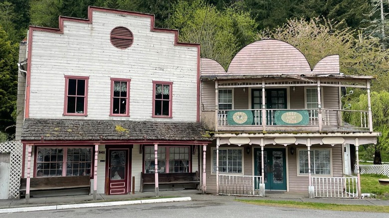 Two weathered Old West buildings in downtown Wilkeson, Washington