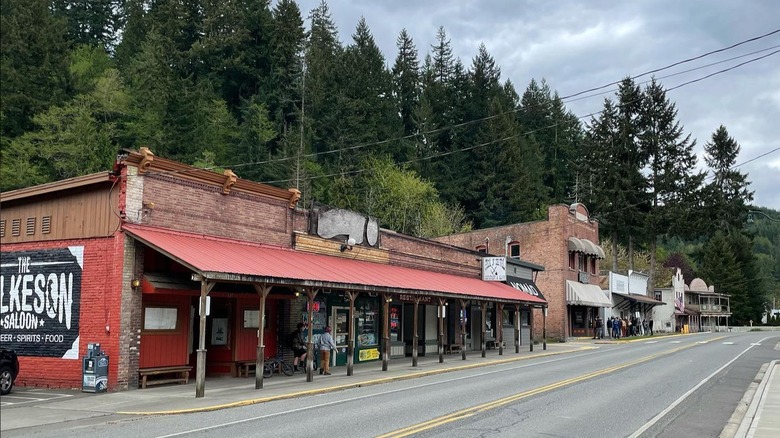 The historic downtown with brick buildings and pines in Wilkeson, Washington