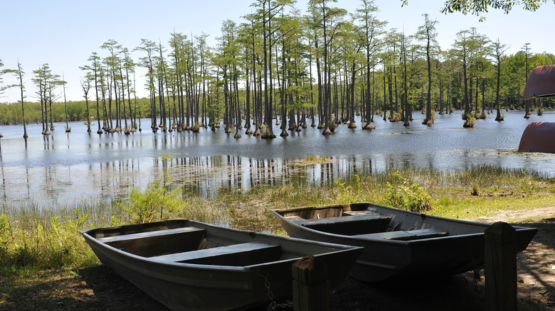 Jon boats by the water in Goodale State Park.